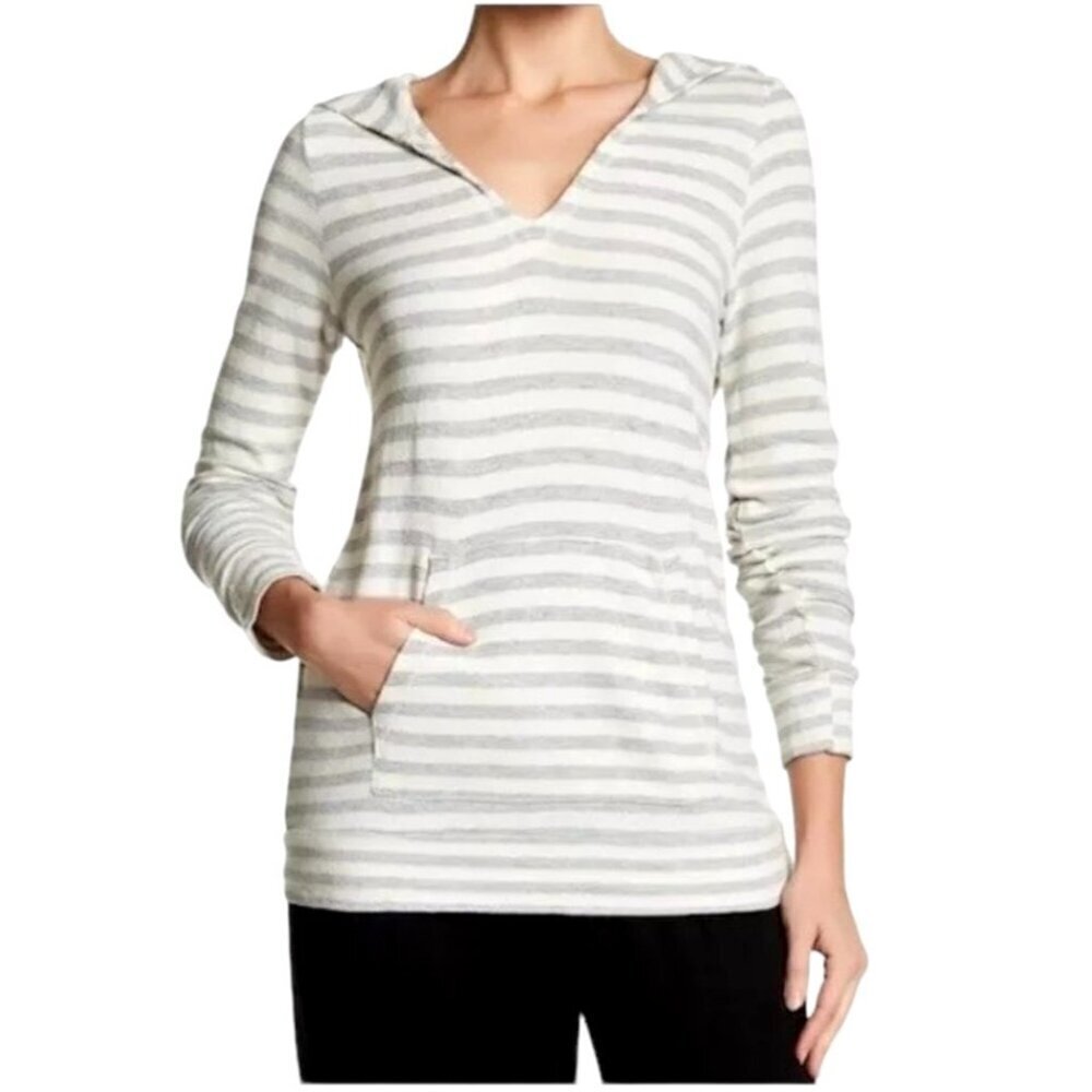 Velvet By Graham & Spencer Sweater Women XS Gray Ivory Striped Marlena Hoodie